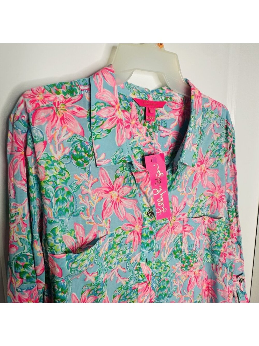 Lilly Pulitzer Skipper Popover Pink Blossom Suite Views Palm Trees Vibrant Sz XL